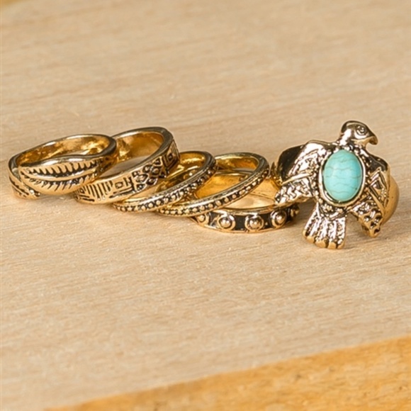GOLD & TURQUOISE BOHO RING SET - Picture 3 of 4